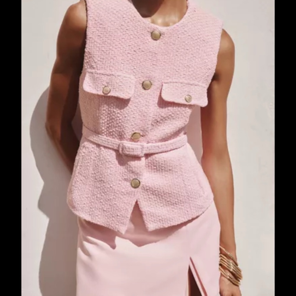 Zara Pink Tweed Vest with Gold Buttons